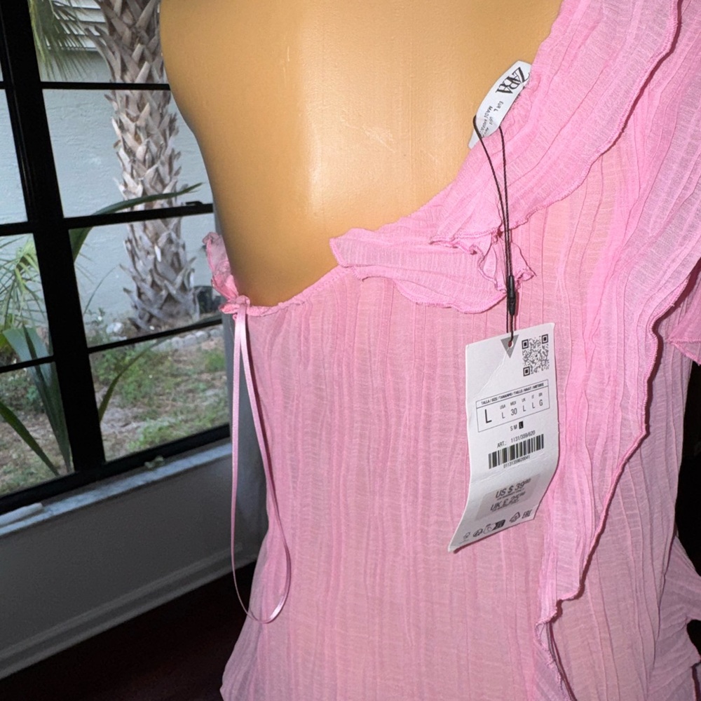 Zara Pink Ruffled One-Shoulder Top Size L - Picture 7 of 8